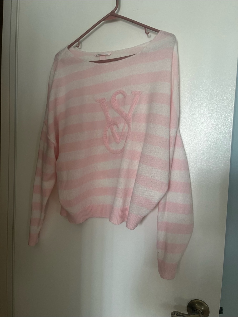 Victoria's Secret Pink & White Striped Crewneck Sweater with Embroidered VS